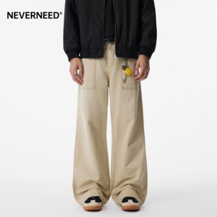 NEVERNEED拼接工装休闲裤男女秋季美式vinteage水洗做旧阔腿裤潮