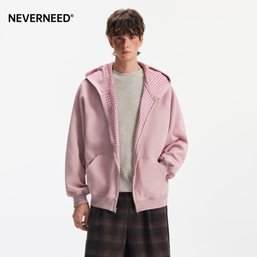 NEVERNEED美式格子拼接连帽卫衣