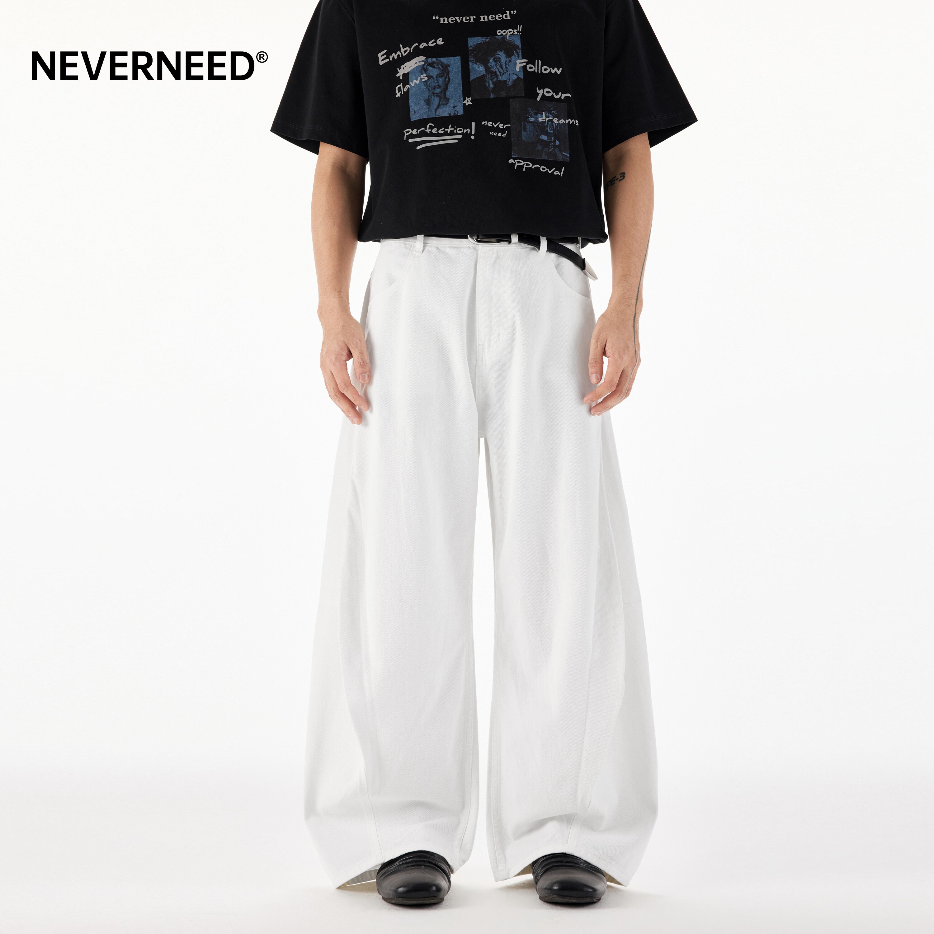 NEVERNEED白色阔腿牛仔裤男女图片