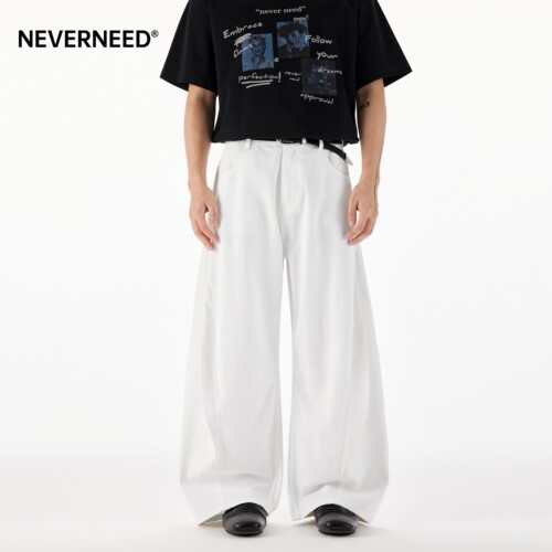 NEVERNEED白色阔腿牛仔裤男女