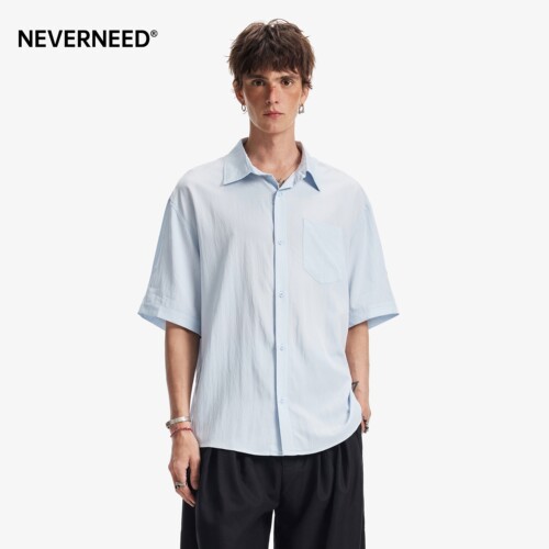 NEVERNEED肌理感纯棉短袖衬衣男