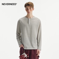 NEVERNEED条纹亨利领长袖T恤男女