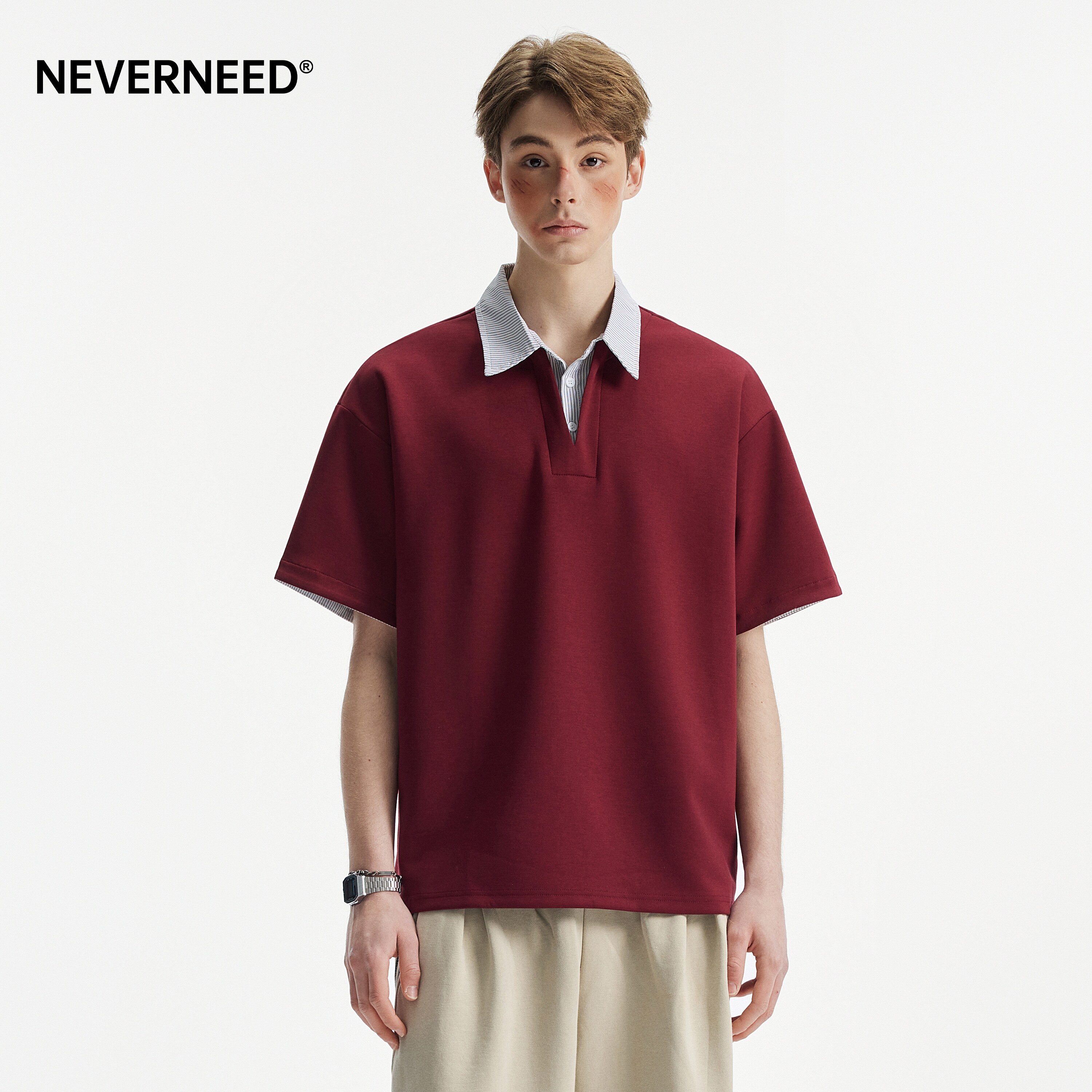 NEVERNEED假两件POLO领短袖T恤男图片