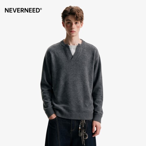 NEVERNEED绵羊毛纯色V领毛衣男女