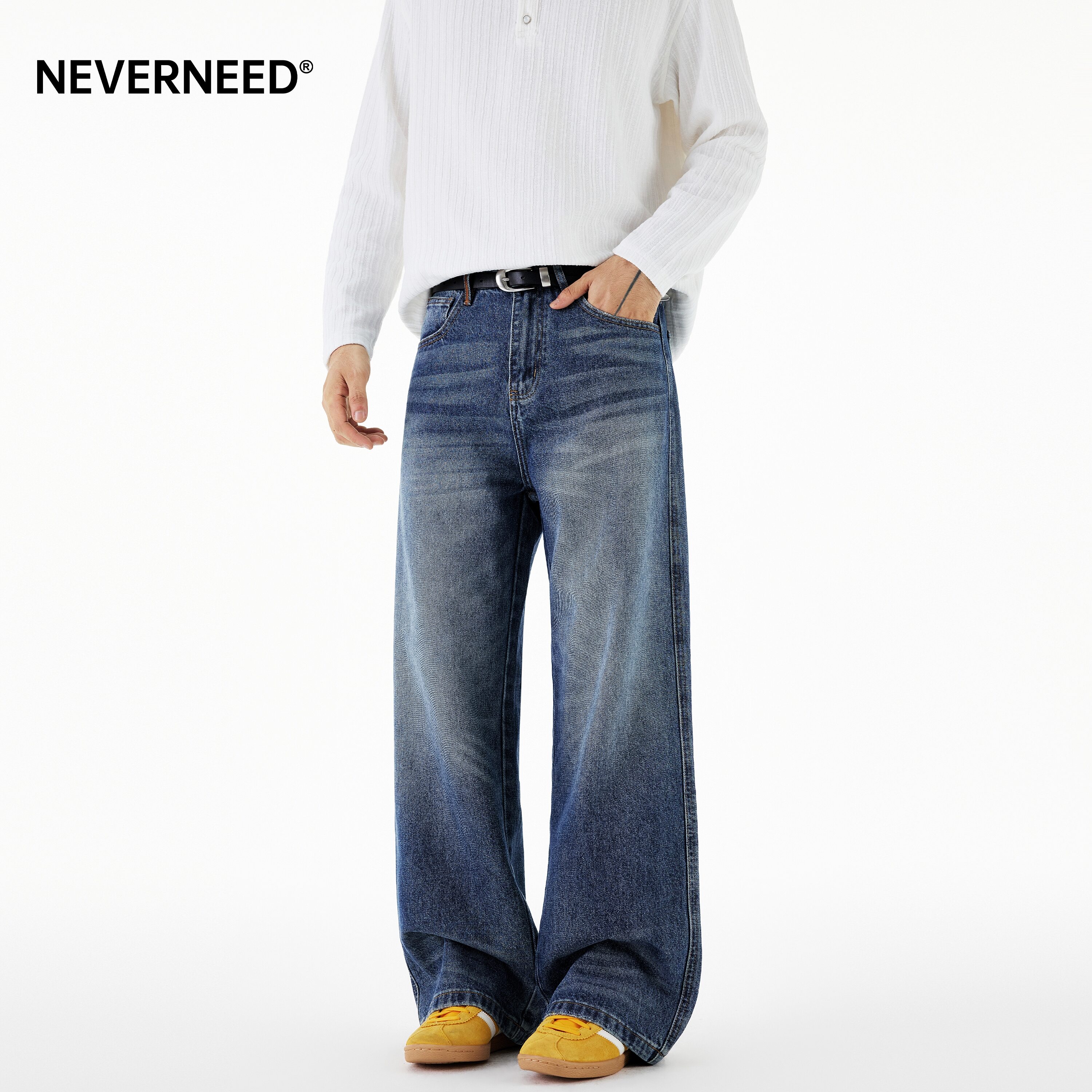 NEVERNEED猫须水洗直筒牛仔裤男图片