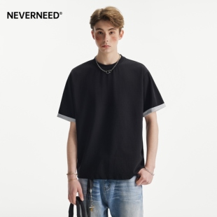 宽松弹力上衣潮 t恤男女夏季 NEVERNEED美式 复古撞色宽松小圆领短袖
