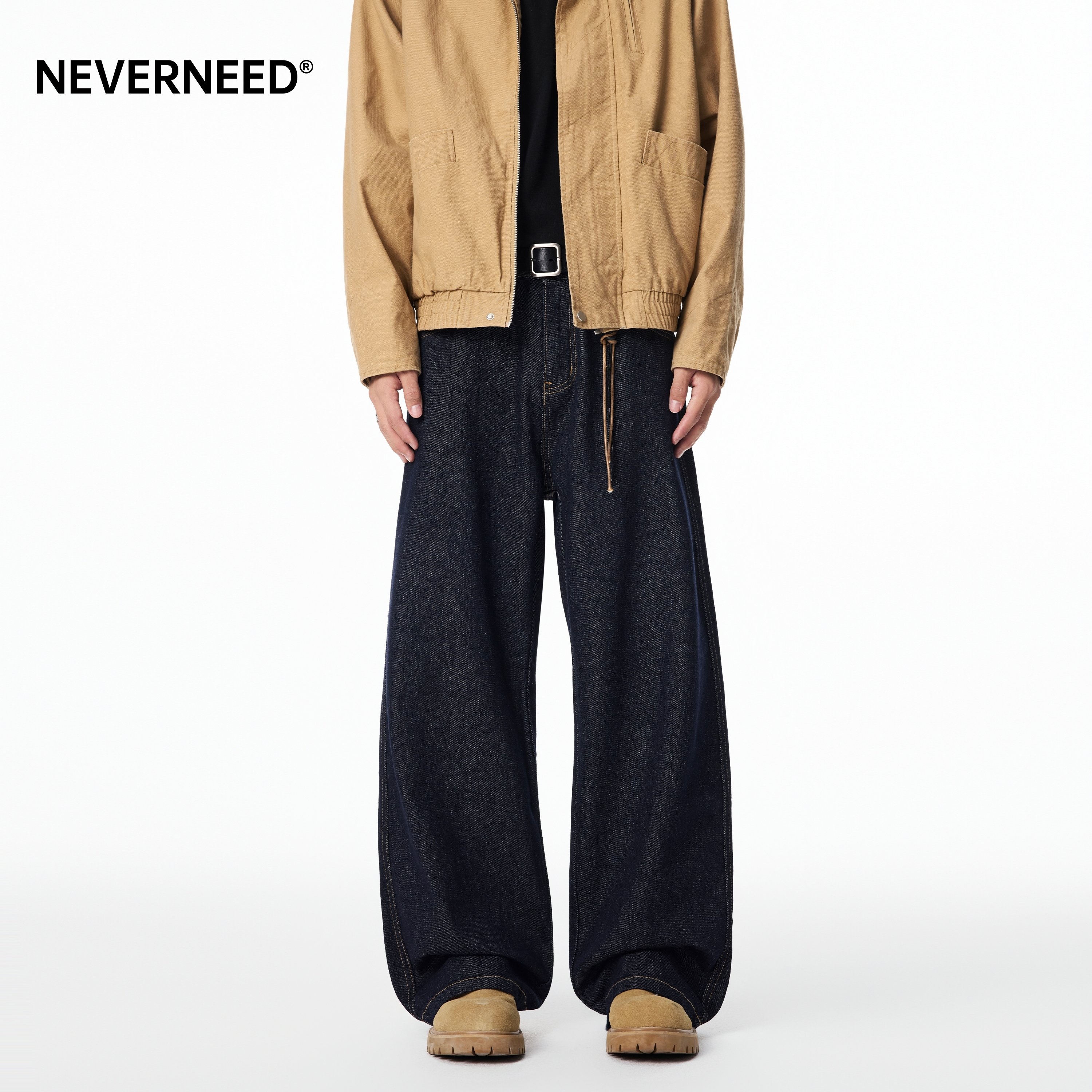 NEVERNEED美式复古原色牛仔裤男女秋季cleanfit宽松直筒A字长裤潮