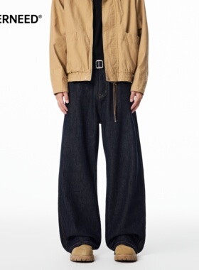 NEVERNEED美式复古原色牛仔裤男女秋季cleanfit宽松直筒A字长裤潮