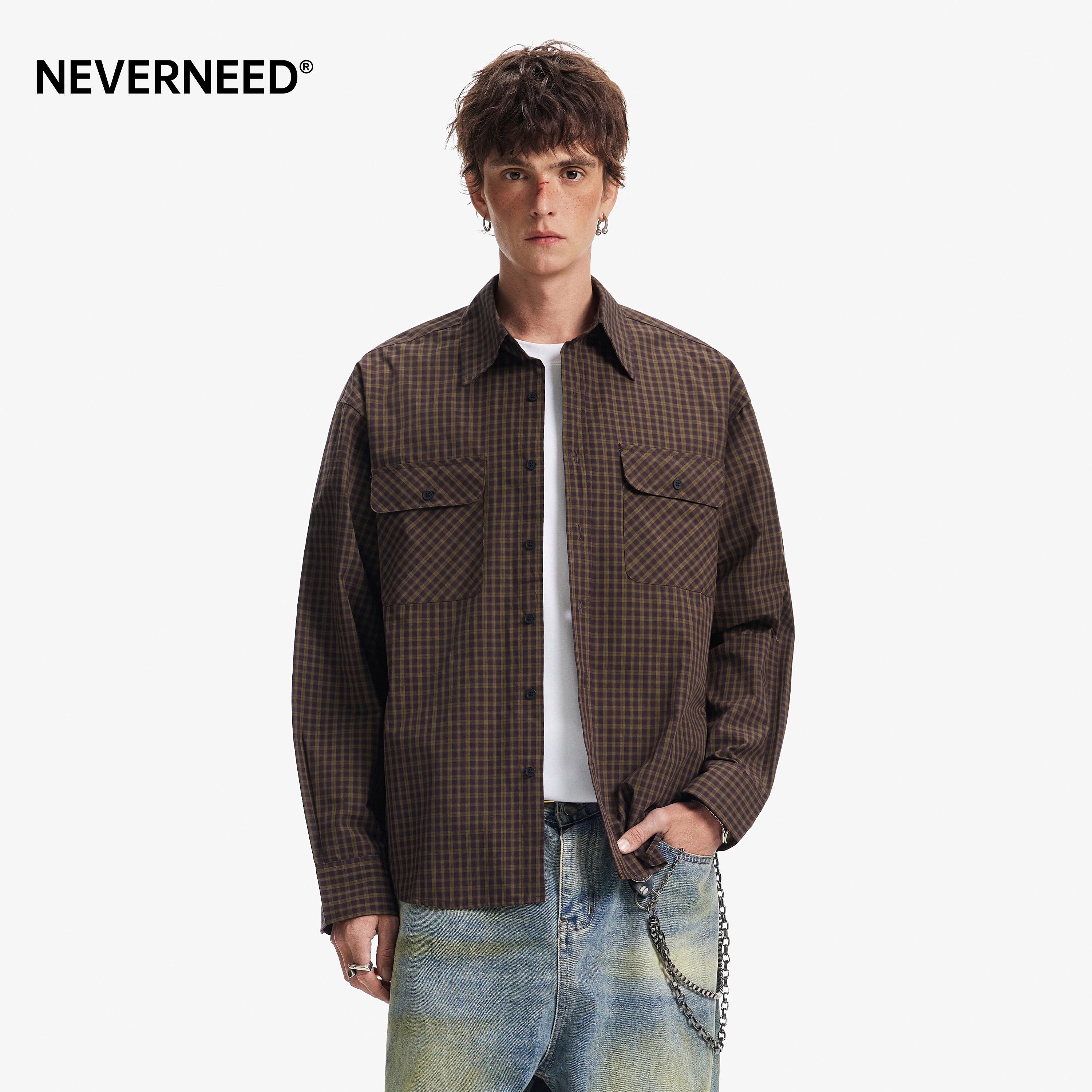 NEVERNEED老钱风格子翻领衬衫男图片
