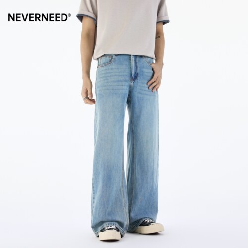 NEVERNEED浅蓝水洗天丝牛仔裤男