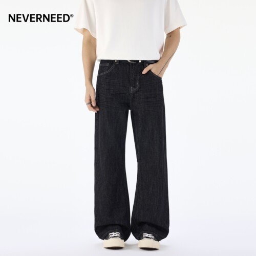 NEVERNEED黑色猫须微喇牛仔裤男