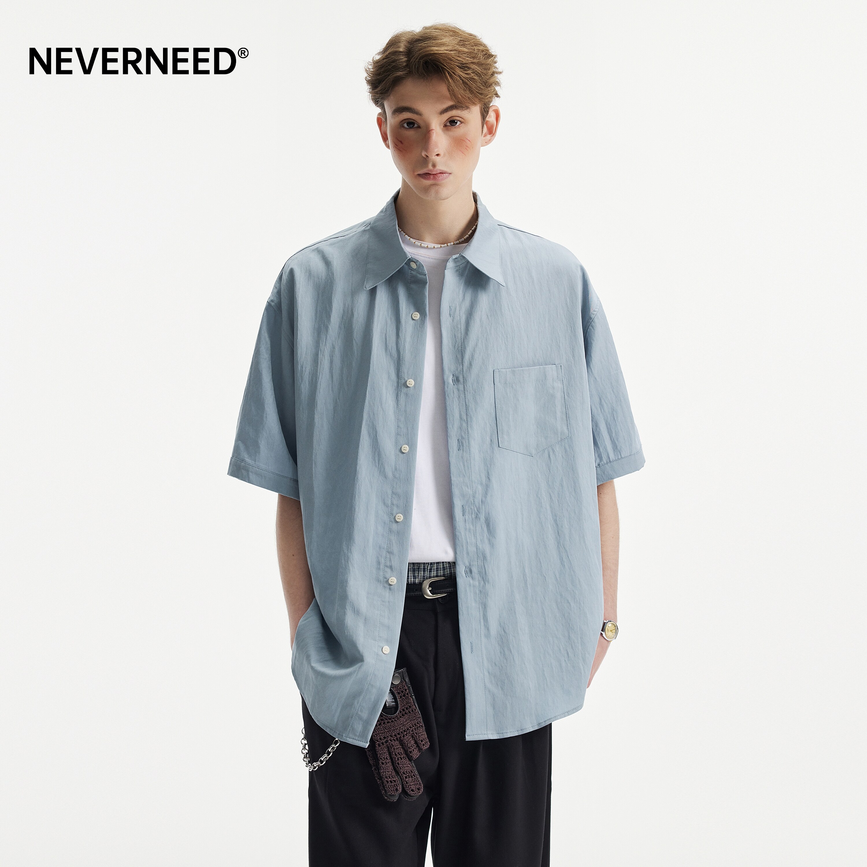 NEVERNEED莱赛尔短袖衬衫男女夏季美式cleanfit简约休闲翻领衬衣