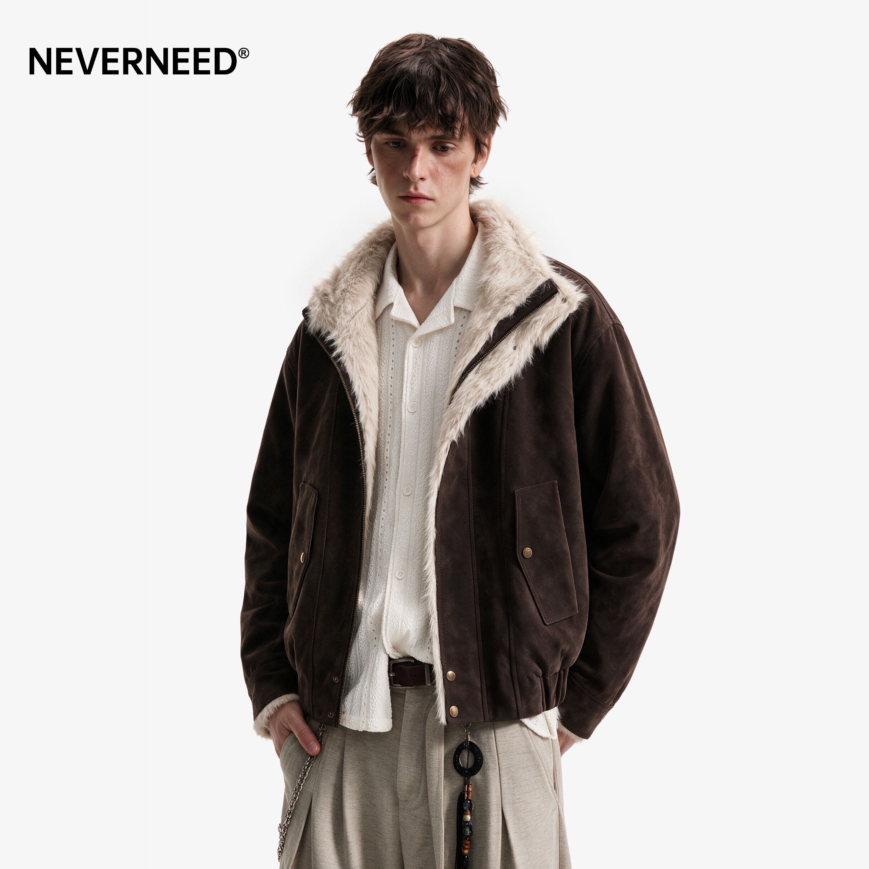 NEVERNEED座山雕解构拼接毛领棉衣男女冬季美式复古防寒保暖棉服