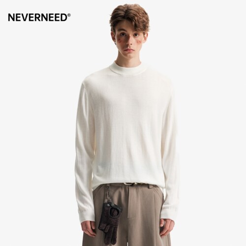 NEVERNEED绵羊毛纯色圆领毛衣男
