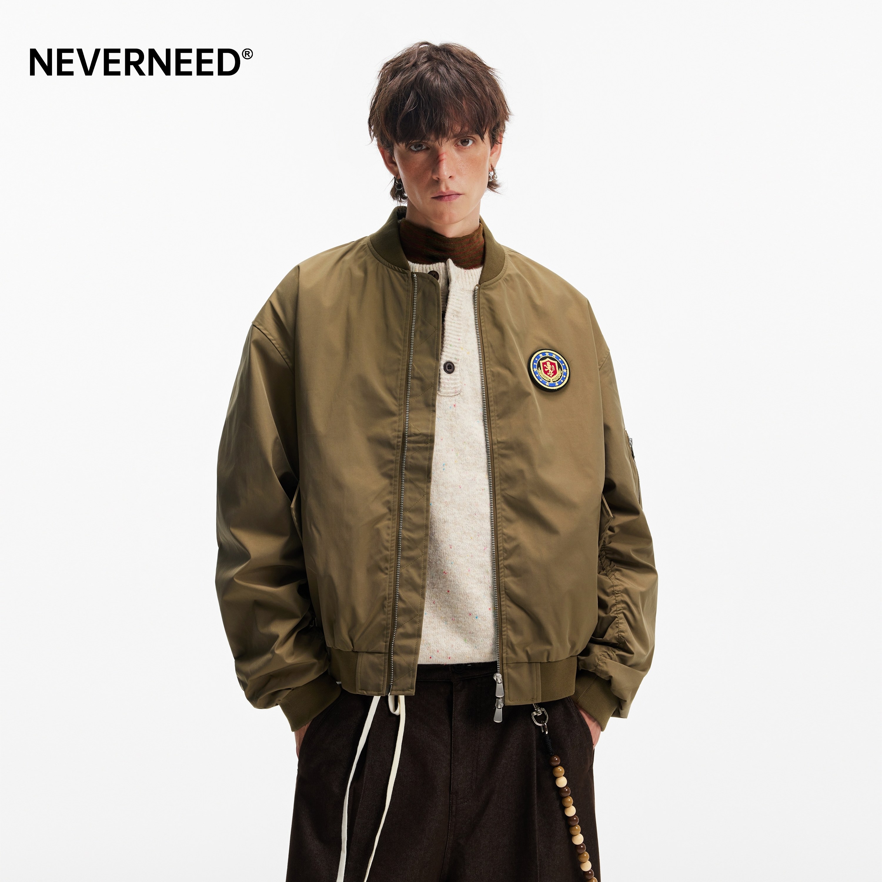 NEVERNEED学院风徽章夹克男秋季美式MA-1飞行员棒球领短款外套潮,男装,夹克,淘宝优惠券,粉丝福利购,淘宝优惠卷