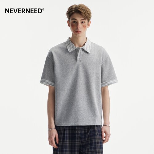 NEVERNEED拼接格子翻领T恤男女