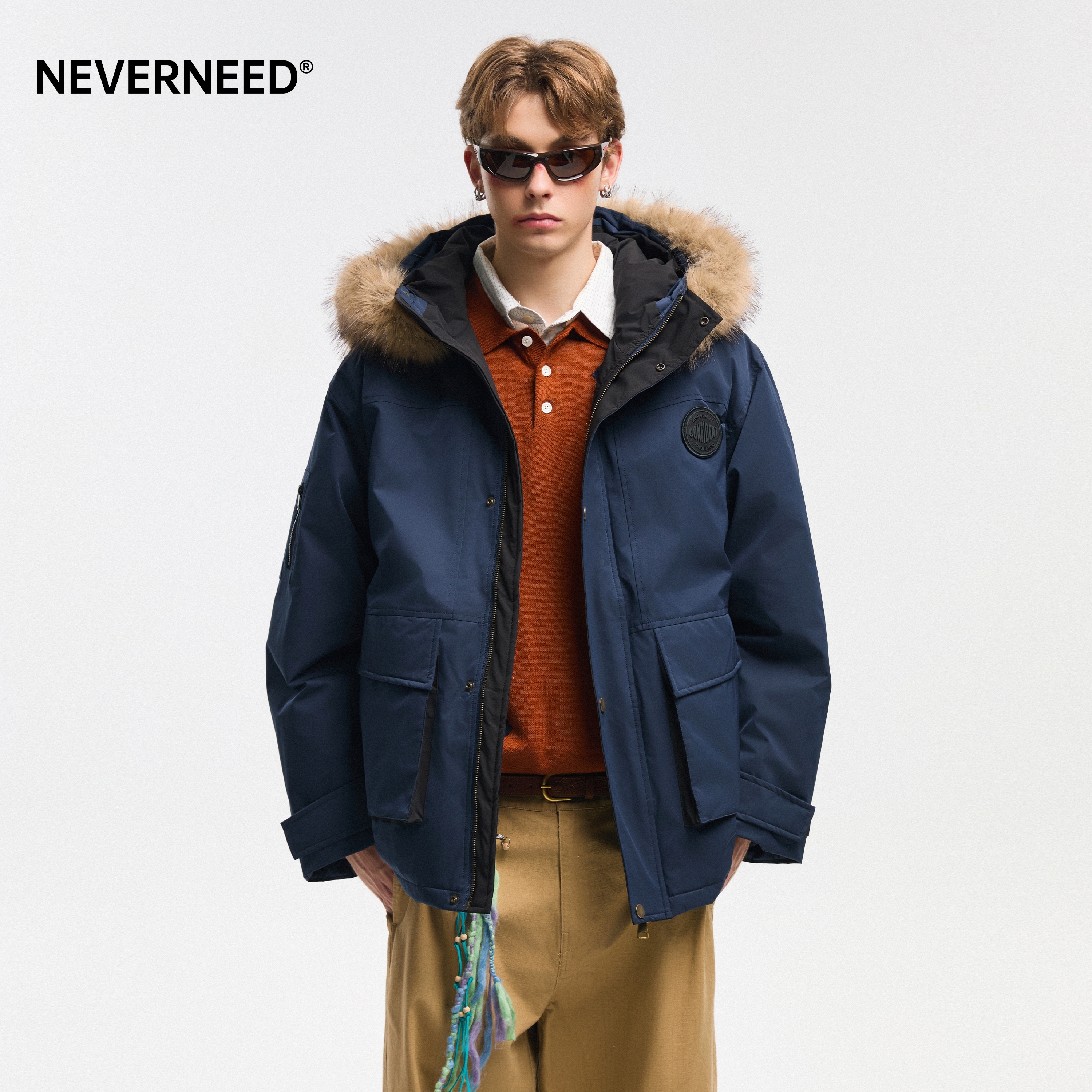 NEVERNEED可拆卸毛领连帽棉衣男