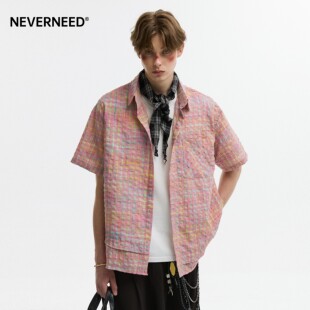 NEVERNEED泡泡纱短袖格子衬衫男女夏季美式肌理感休闲情侣衬衣潮