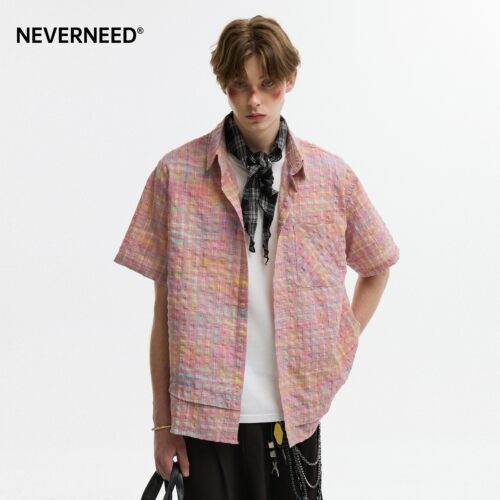 NEVERNEED泡泡纱短袖格子衬衫男