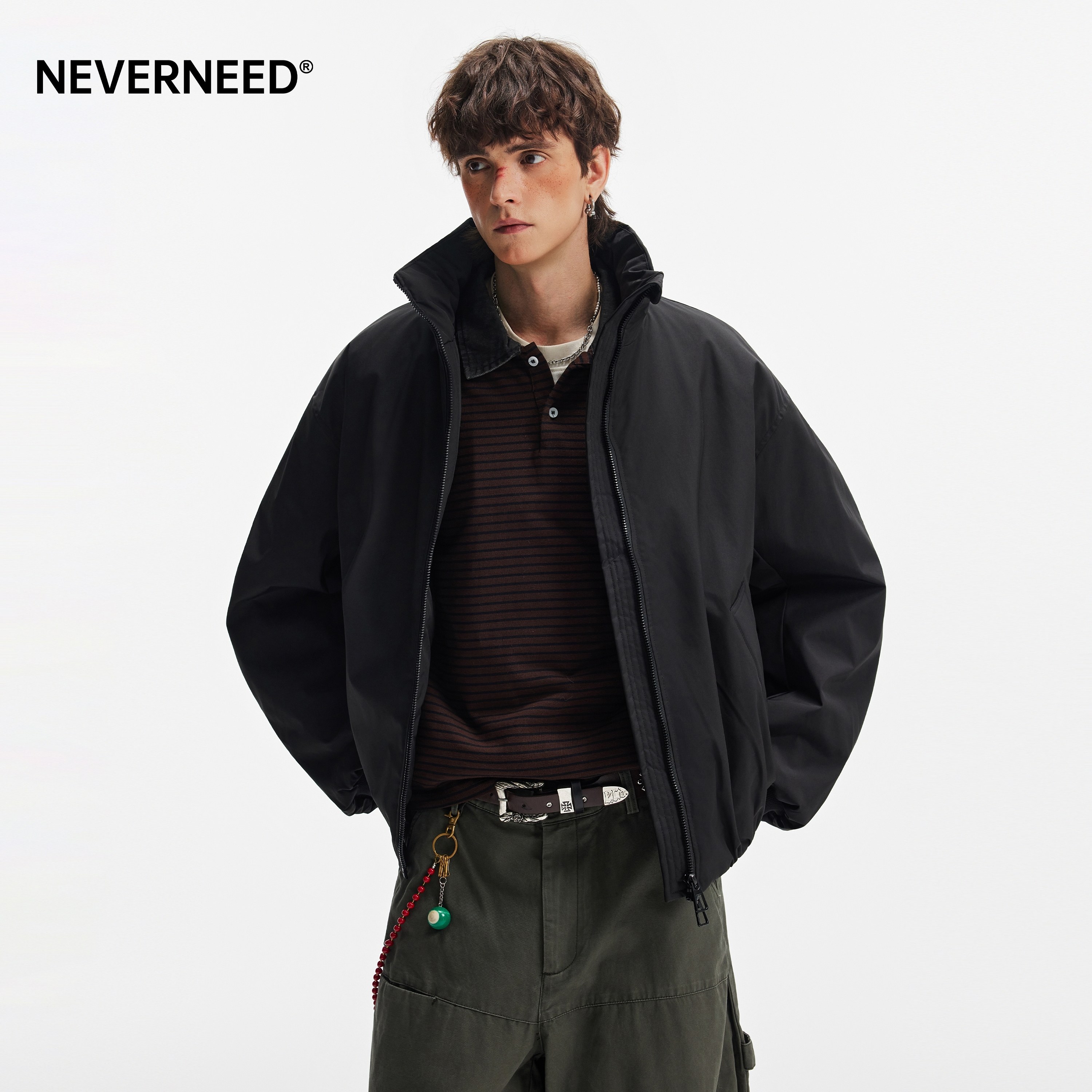 NEVERNEED双拉链短款立领棉衣男女秋冬季美式加厚保暖棉服外套潮,男装,棉衣,淘宝优惠券,粉丝福利购,淘宝优惠卷