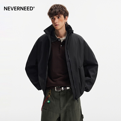 NEVERNEED双拉链短款立领棉衣男