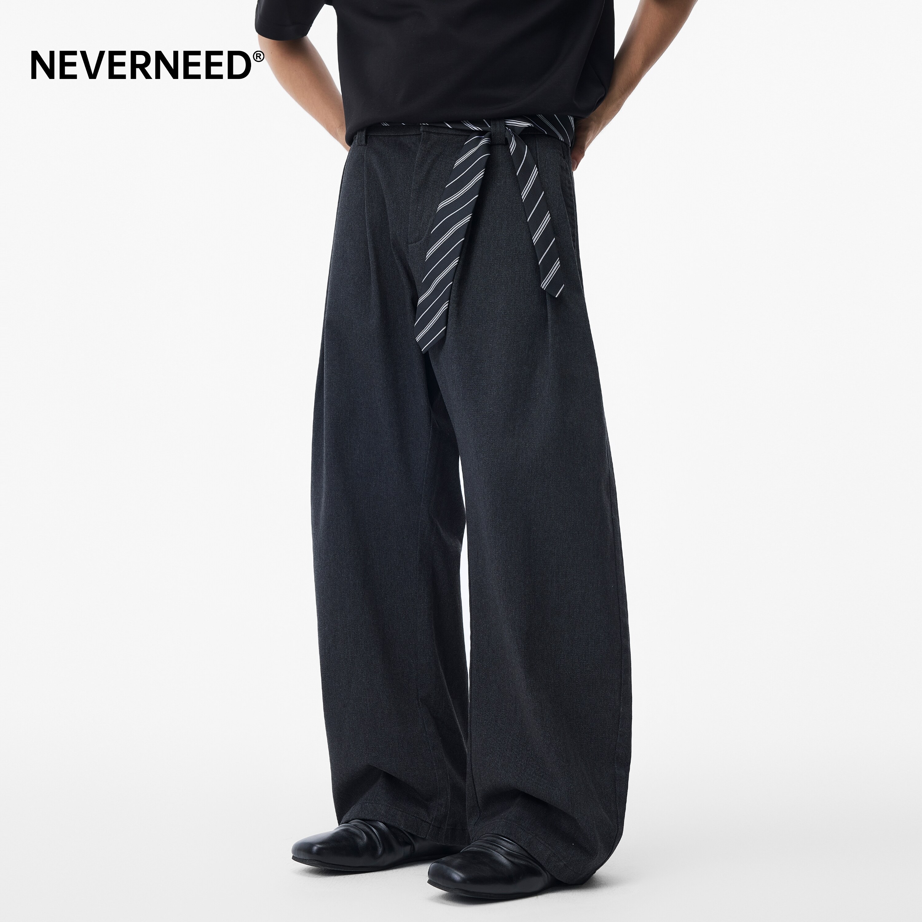 NEVERNEED纯色毛呢腰带休闲西裤男女秋季美式复古宽松褶皱阔腿裤