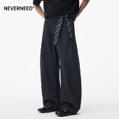 复古宽松褶皱阔腿裤 美式 男女秋季 NEVERNEED纯色毛呢腰带休闲西裤
