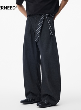 NEVERNEED纯色毛呢腰带休闲西裤男女秋季美式复古宽松褶皱阔腿裤