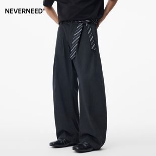 复古宽松褶皱阔腿裤 美式 男女秋季 NEVERNEED纯色毛呢腰带休闲西裤