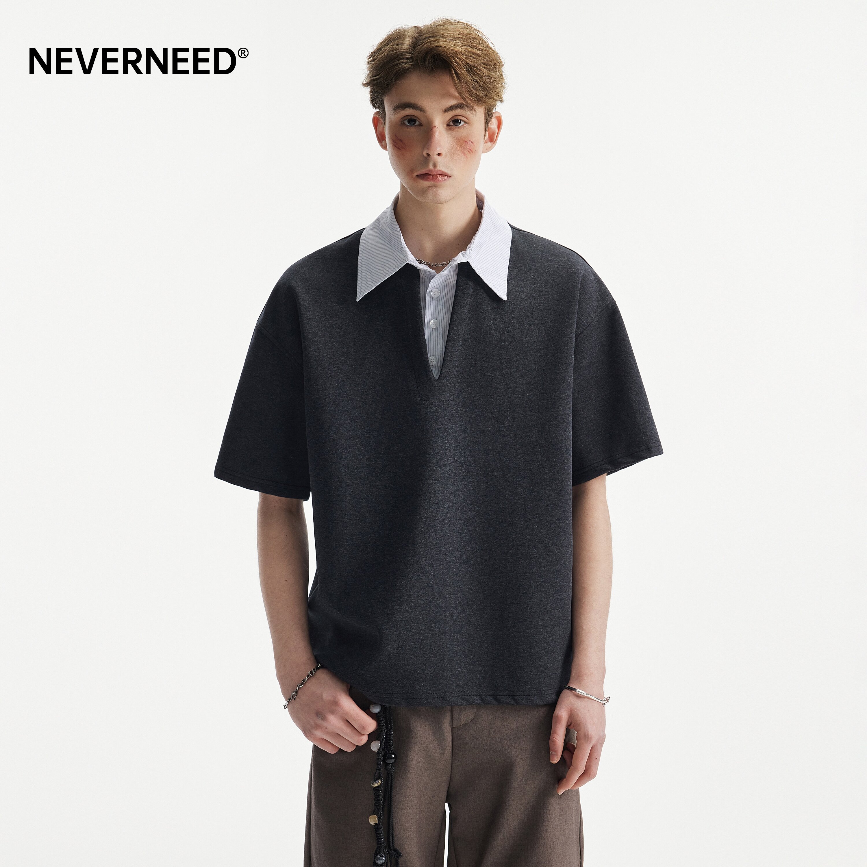 NEVERNEED假两件古巴领t恤男女图片
