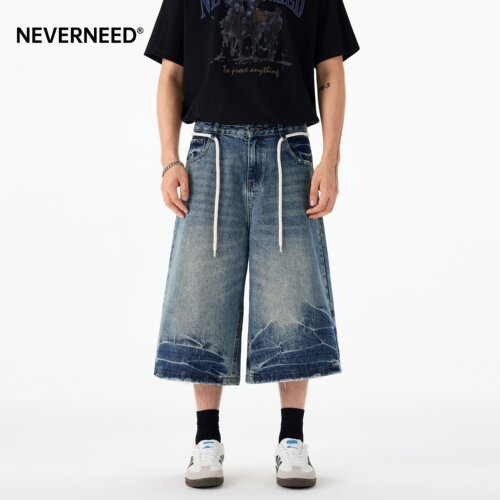 NEVERNEED猫须直筒牛仔短裤男