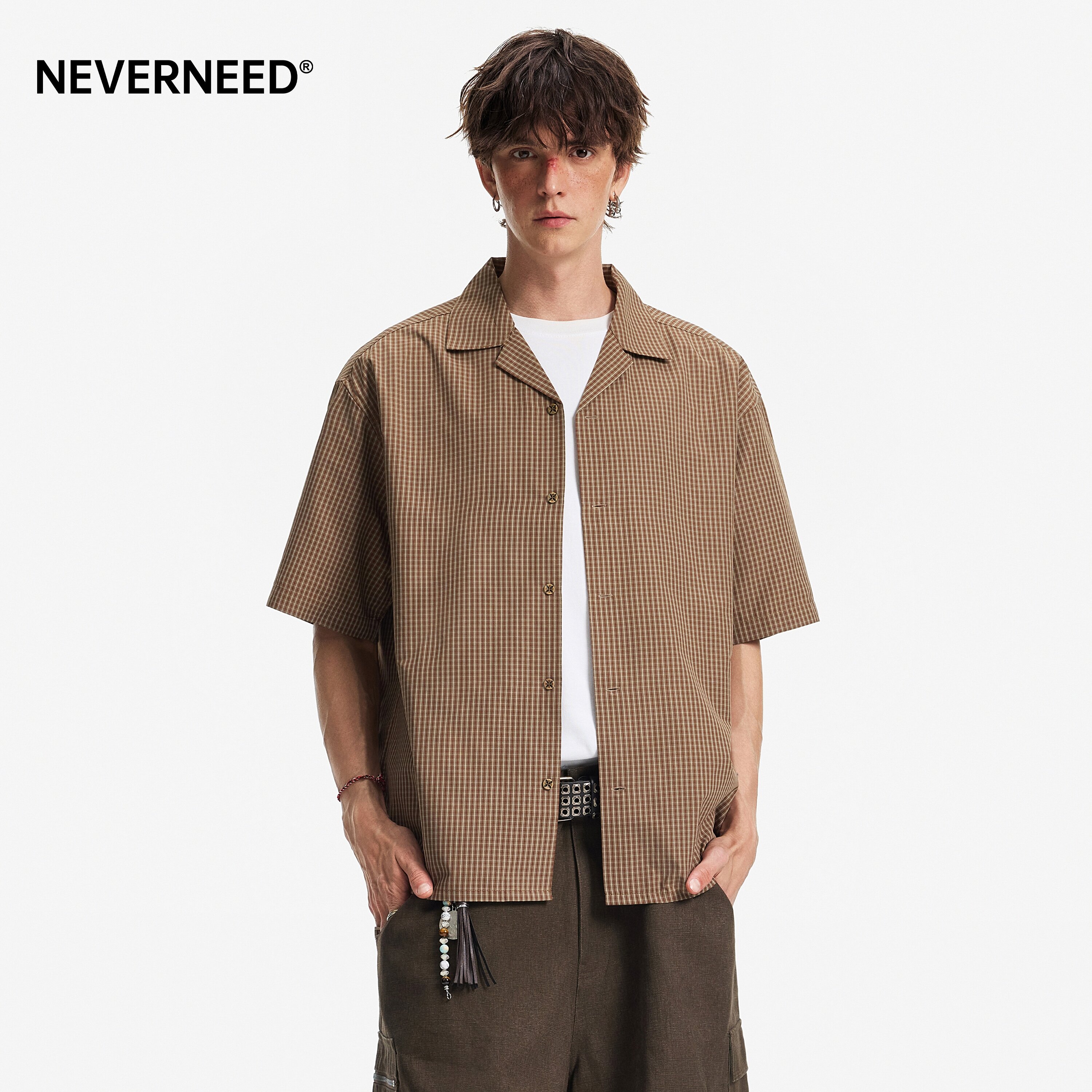 NEVERNEED撞色格纹短袖衬衫男图片