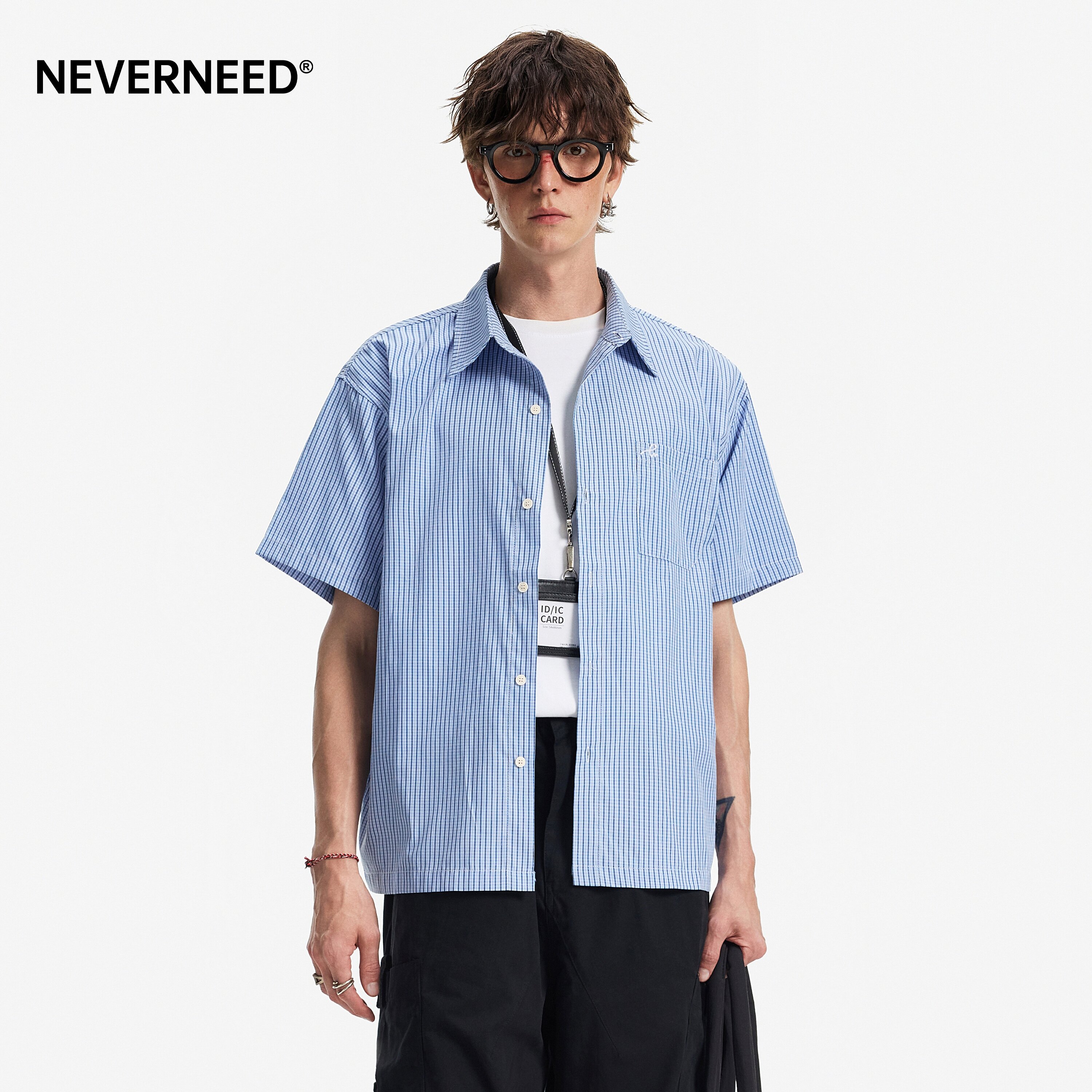 NEVERNEED蓝色格子短袖衬衫男女夏季美式vibe字母刺绣情侣衬衣潮图片