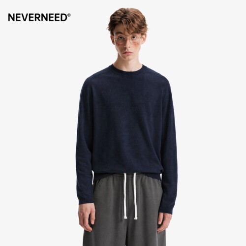 NEVERNEED绵羊毛纯色圆领毛衣男