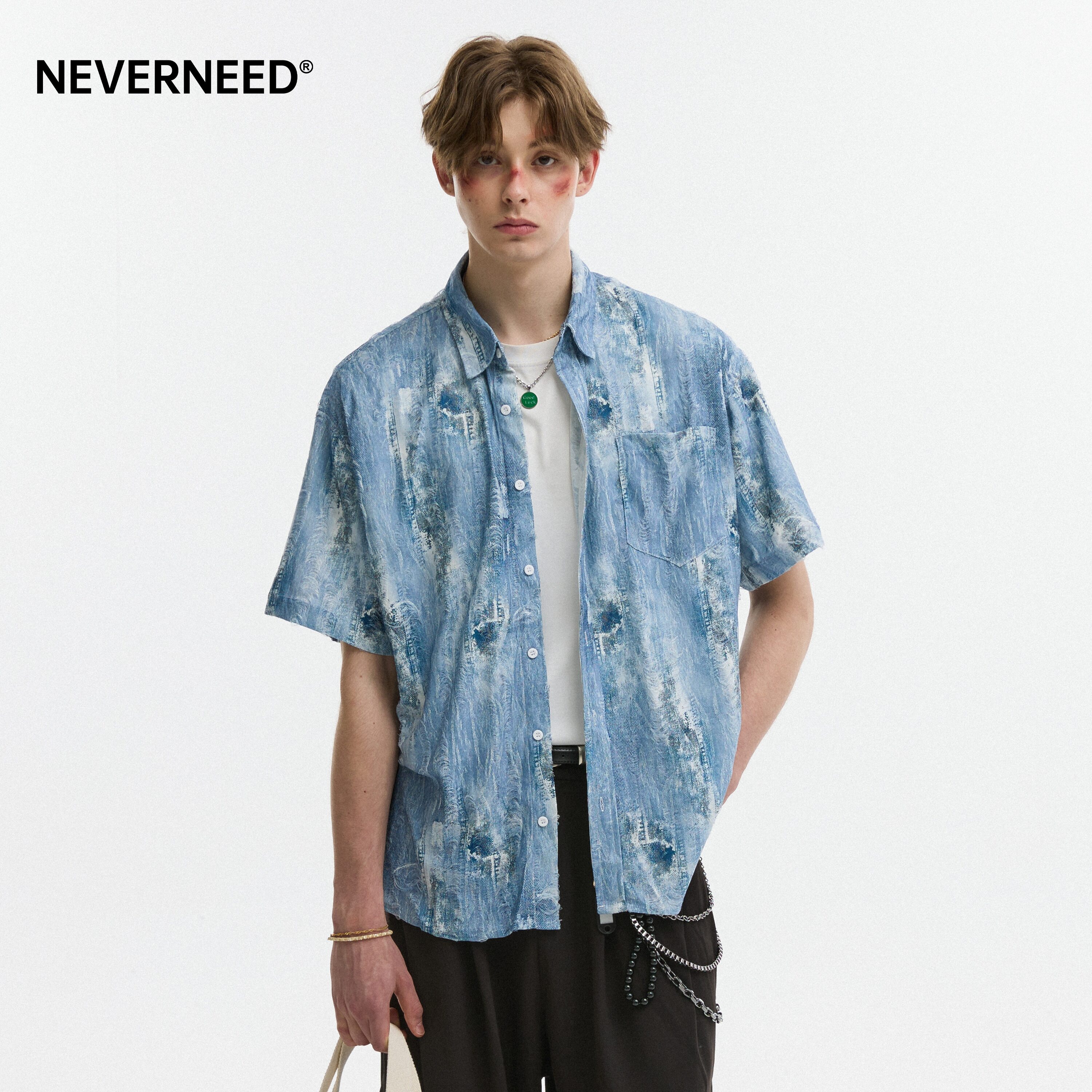 NEVERNEED水洗扎染破洞牛仔衬衫男女夏季美式休闲情侣短袖衬衣潮