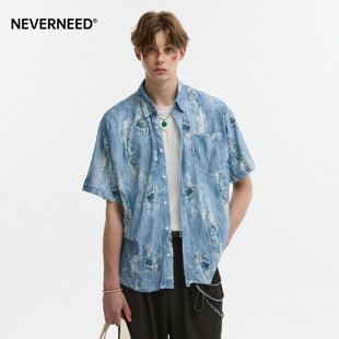 休闲情侣短袖 美式 衬衣潮 男女夏季 NEVERNEED水洗扎染破洞牛仔衬衫