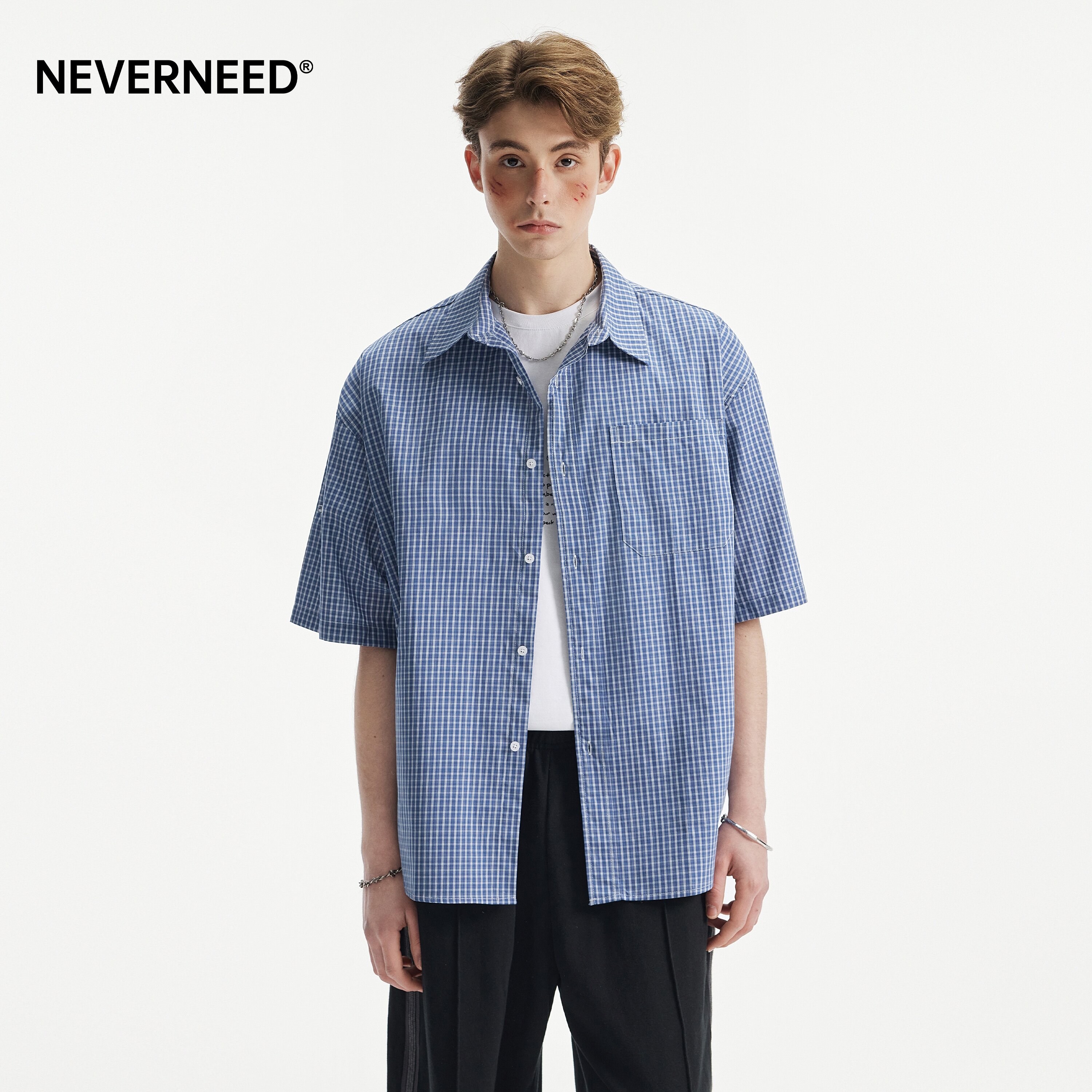 NEVERNEED纯棉格纹翻领衬衫男女图片