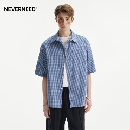 NEVERNEED纯棉格纹翻领衬衫男女