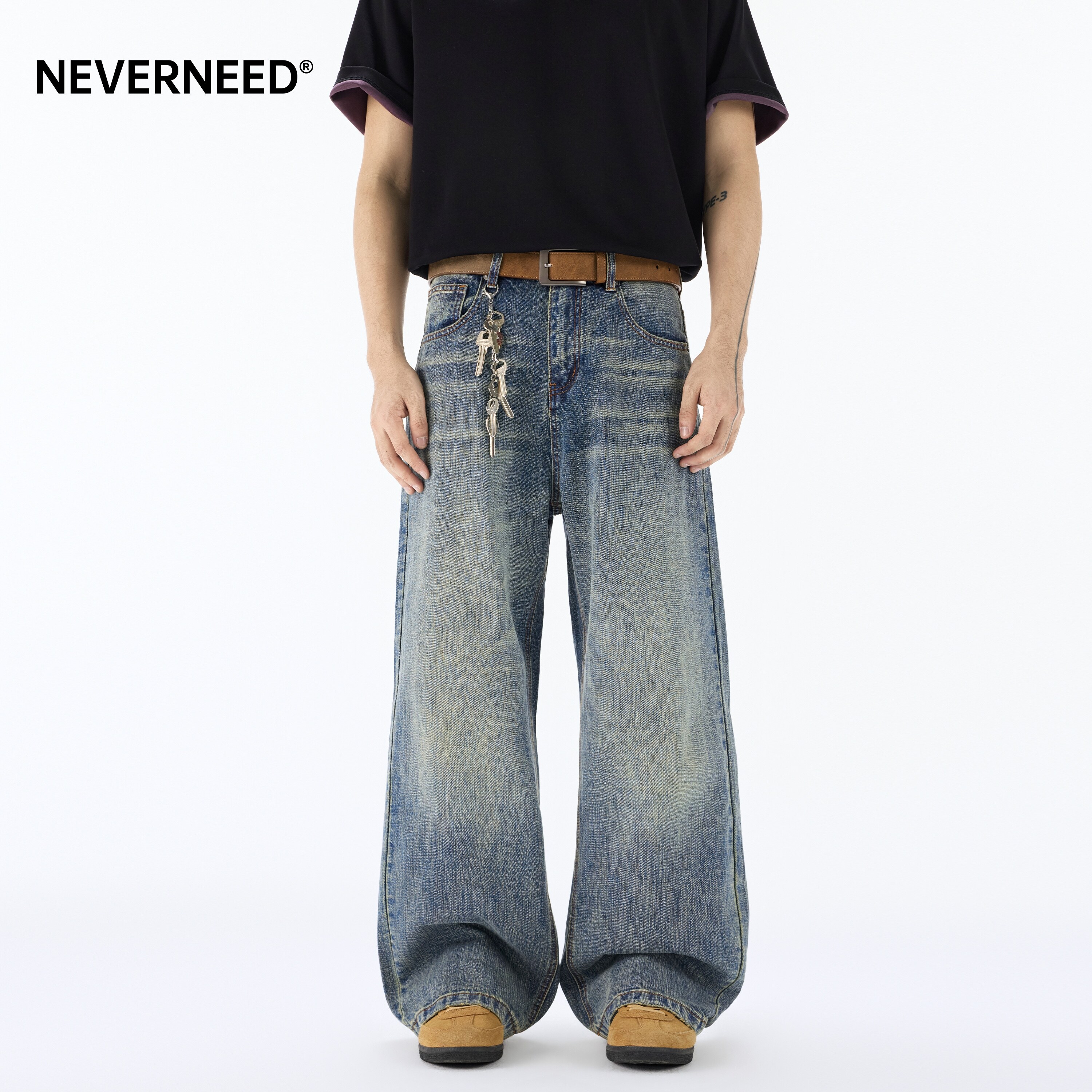 NEVERNEED水洗做旧直筒牛仔裤男图片
