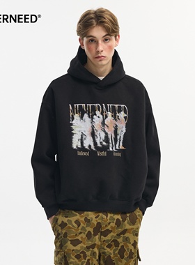 NEVERNEED重磅美式模糊人像连帽卫衣男秋季boxy短款印花套头上衣