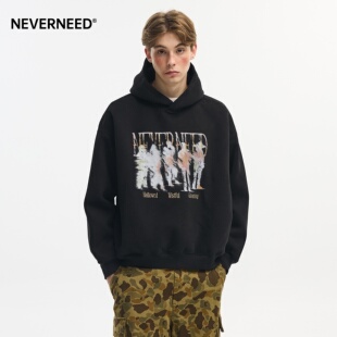 印花套头上衣 boxy短款 NEVERNEED重磅美式 模糊人像连帽卫衣男秋季