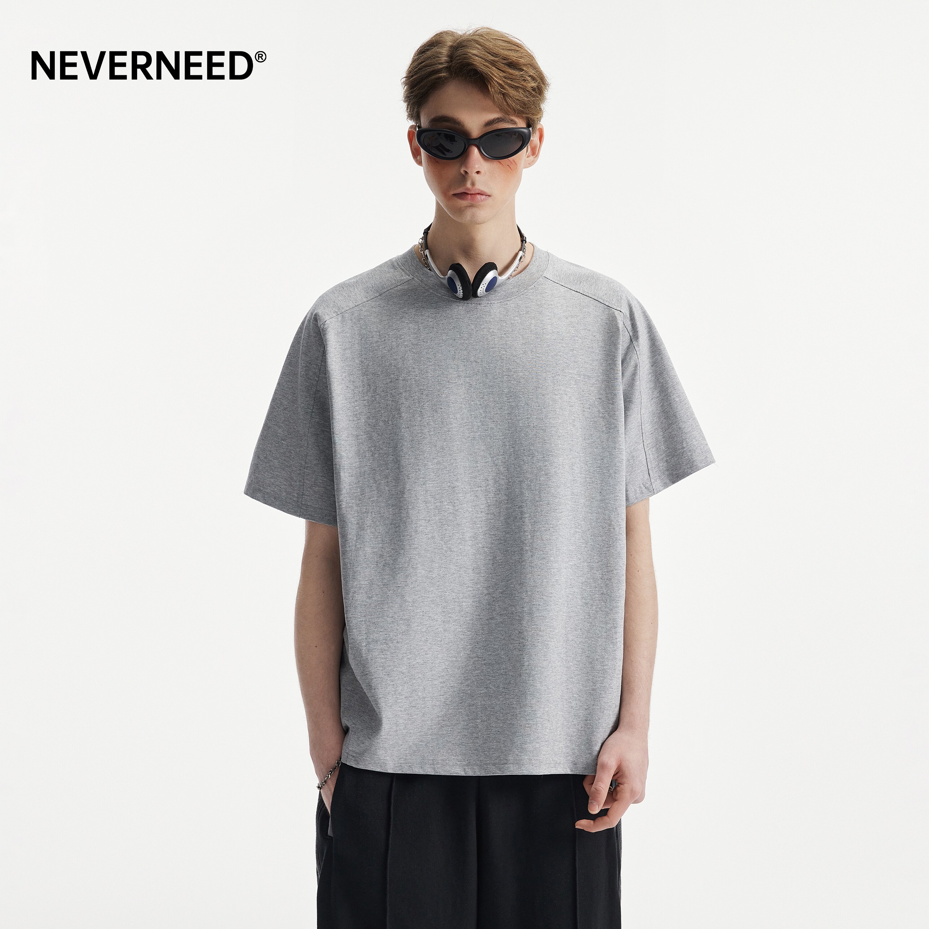 NEVERNEED美式拼接解构短袖T恤男图片