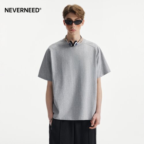 NEVERNEED美式拼接解构短袖T恤男