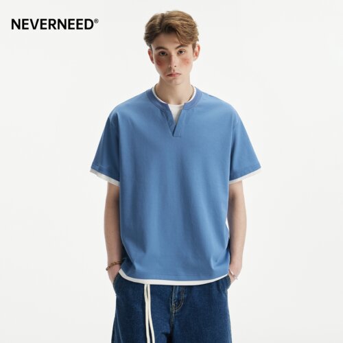 NEVERNEED假两件拼接V领T恤男
