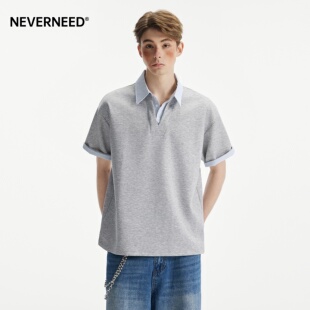 NEVERNEED假两件高智感短袖t恤男女夏季美式休闲条纹半袖POLO衫