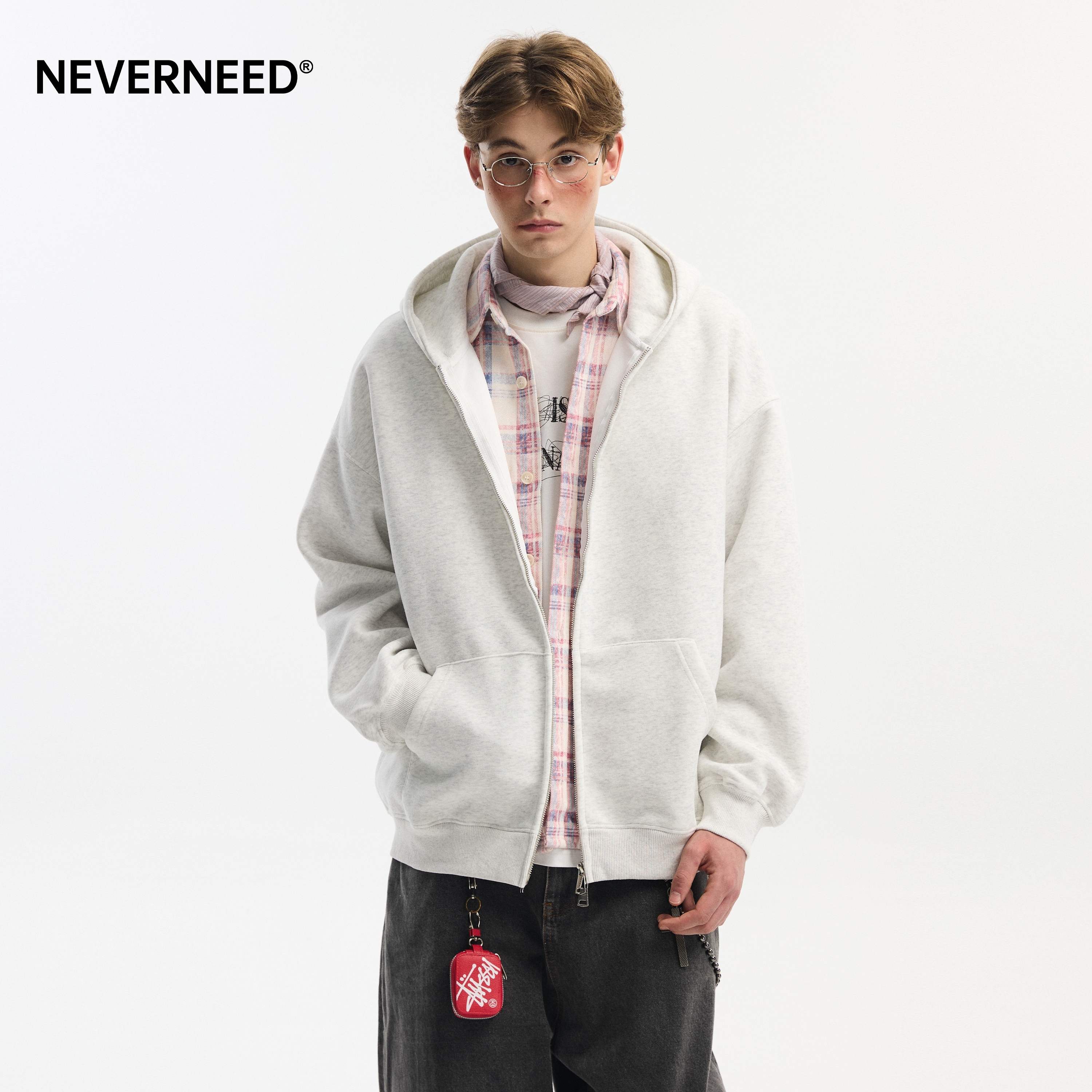 NEVERNEED重磅连帽开衫卫衣男秋季美式复古纯色情侣运动休闲外套