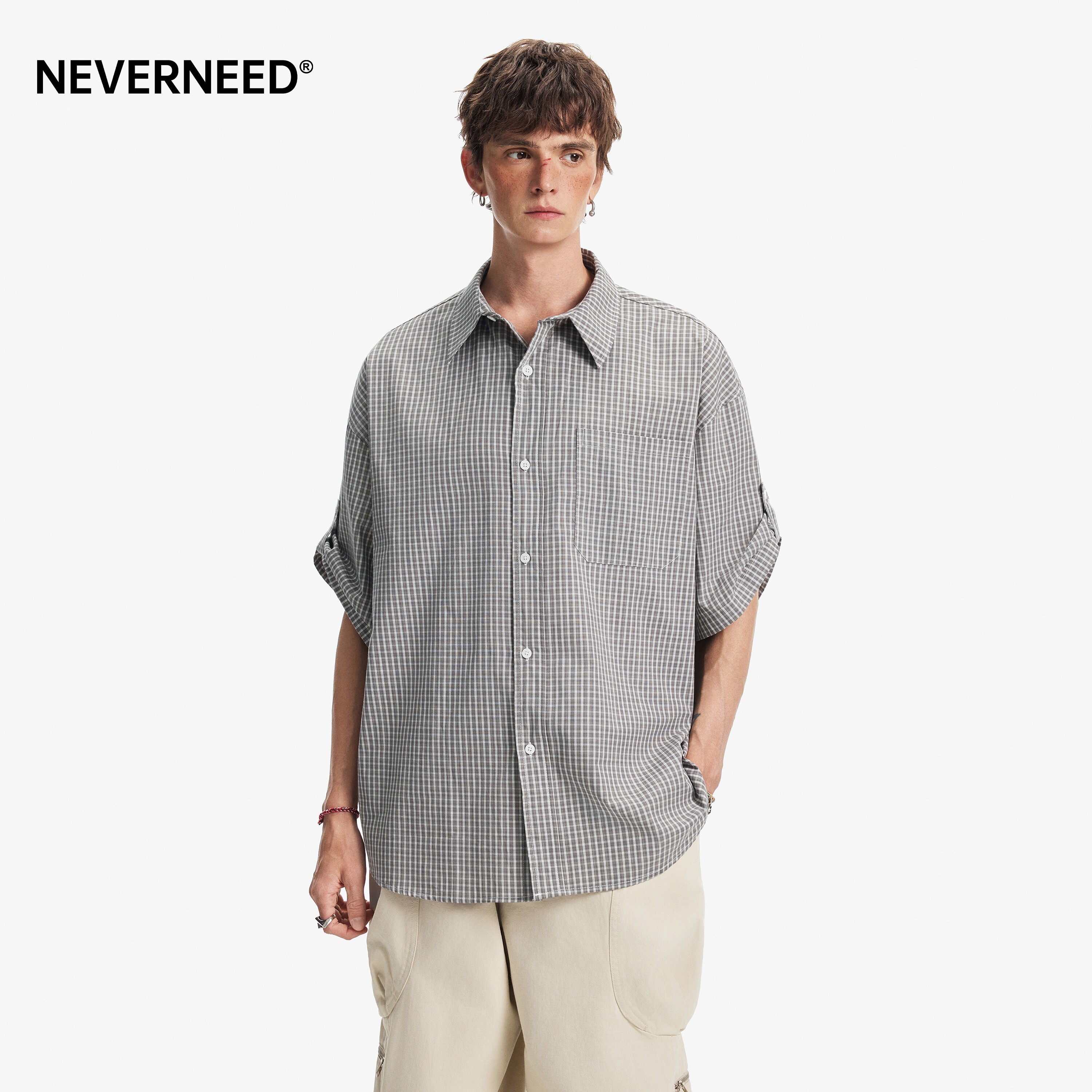 NEVERNEED美式格纹翻领衬衣男女图片