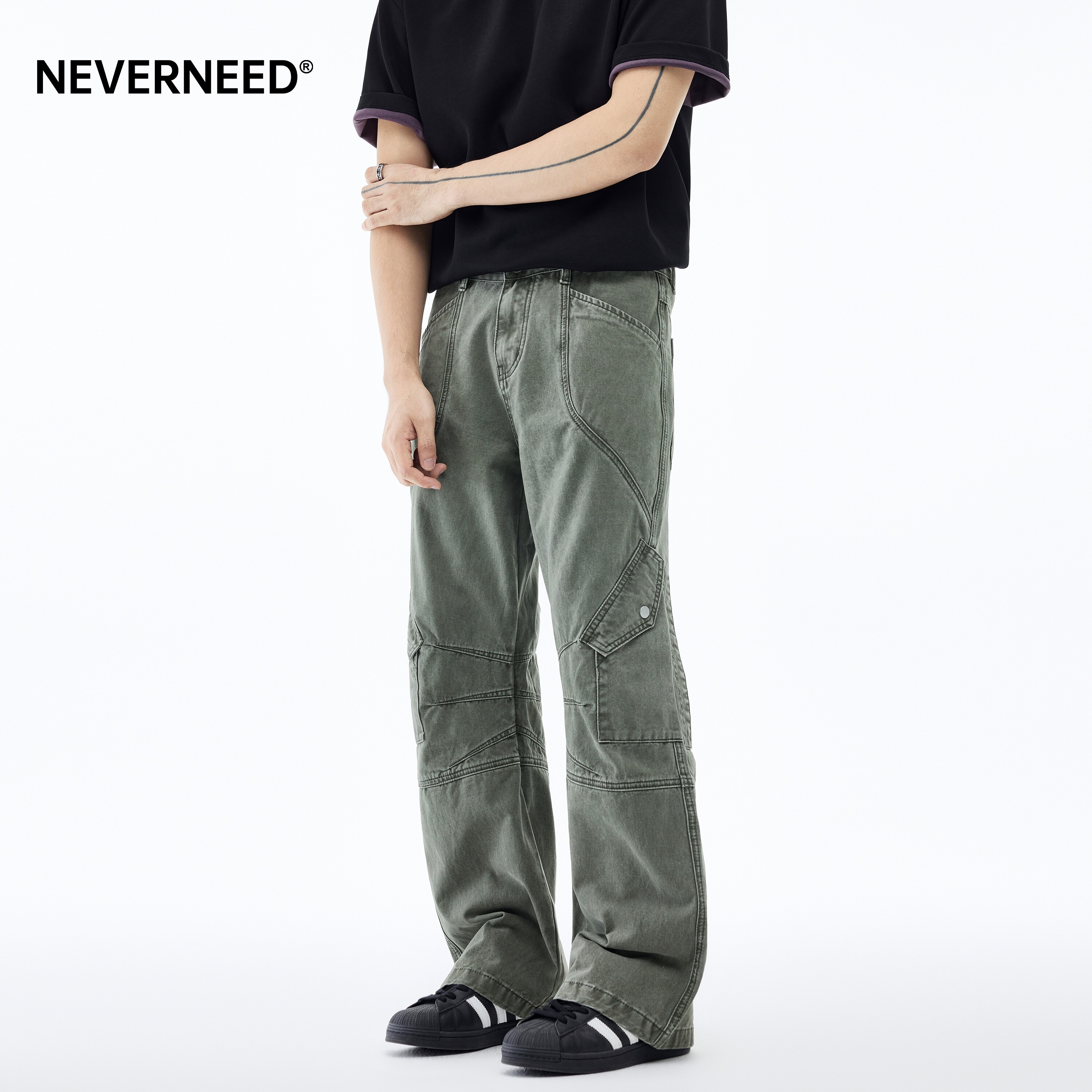 NEVERNEED水洗解构直筒牛仔裤男图片