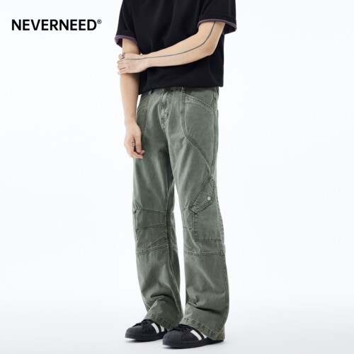 NEVERNEED水洗解构直筒牛仔裤男