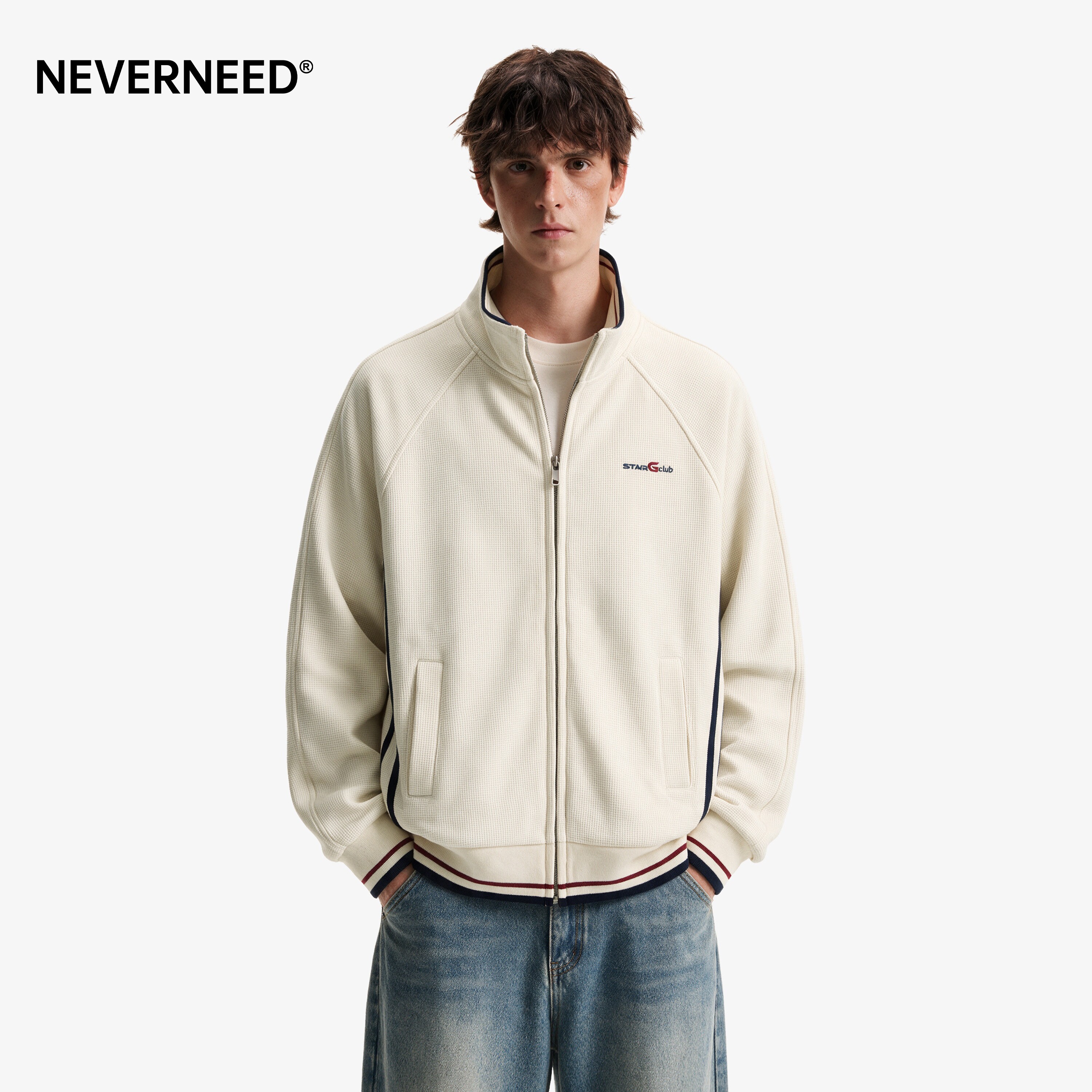 NEVERNEED华夫格立领夹克男女秋季美式复古vibe休闲条纹运动外套